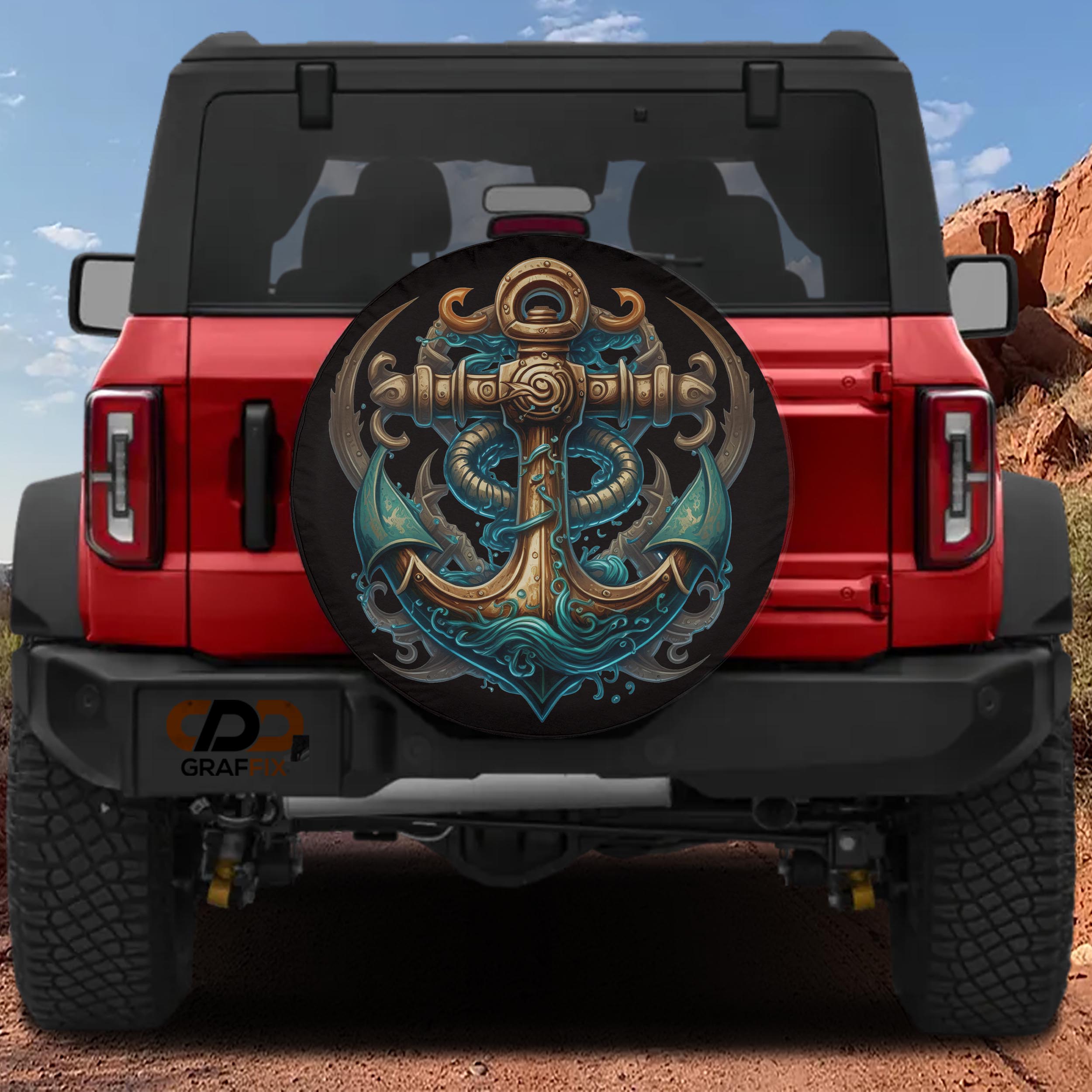 A red Jeep Wrangler with a large anchor-themed spare tire cover on the rear.