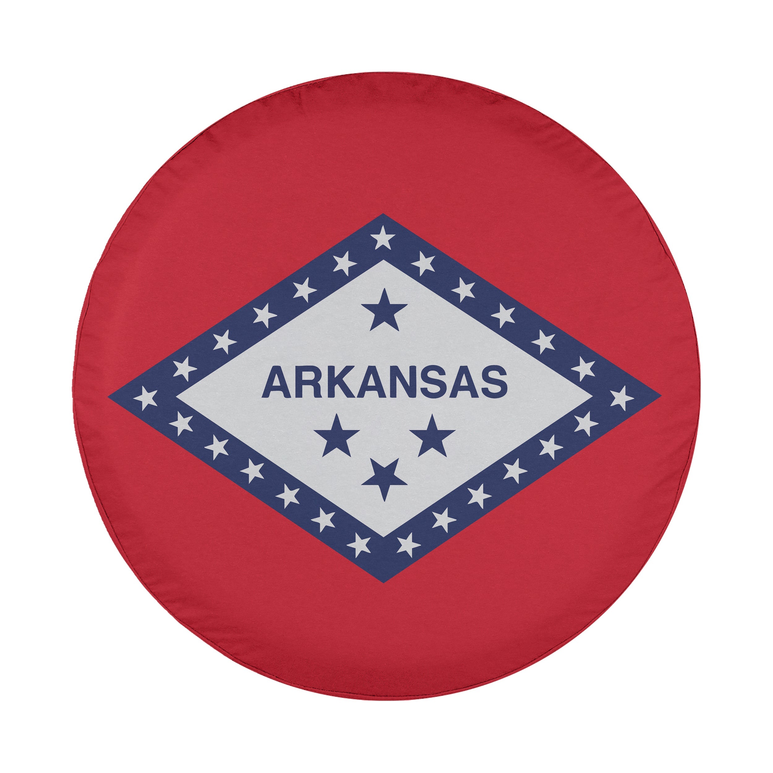 Arkansas state flag spare tire cover on black Jeep Wrangler with Graffix plate showing red field and white diamond