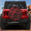 Wheel of Roses spare tire cover on red Bronco featuring dense red rose bouquet floral design