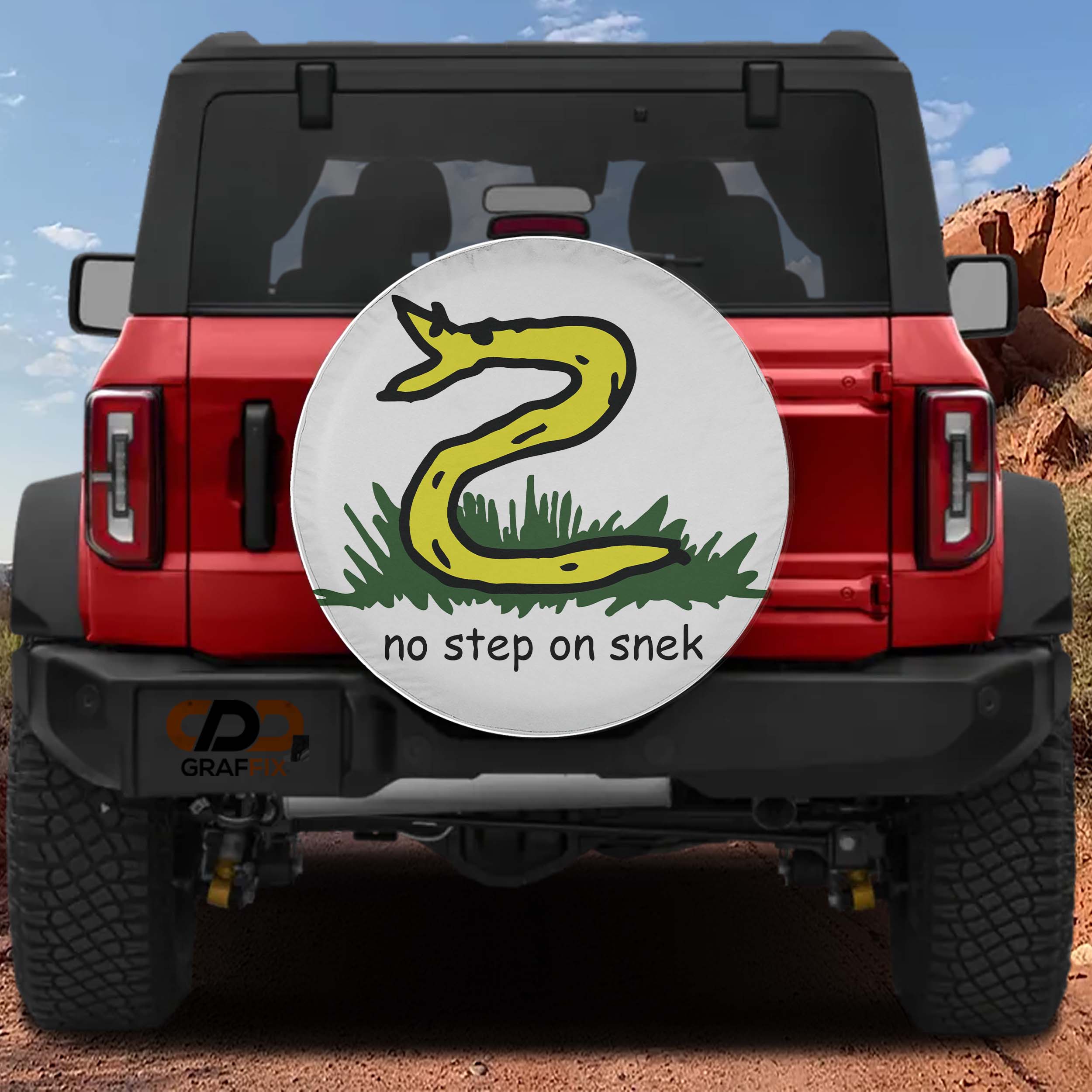 Stitched fabric edge and drawstring closeup of No Step On Snek spare tire cover construction