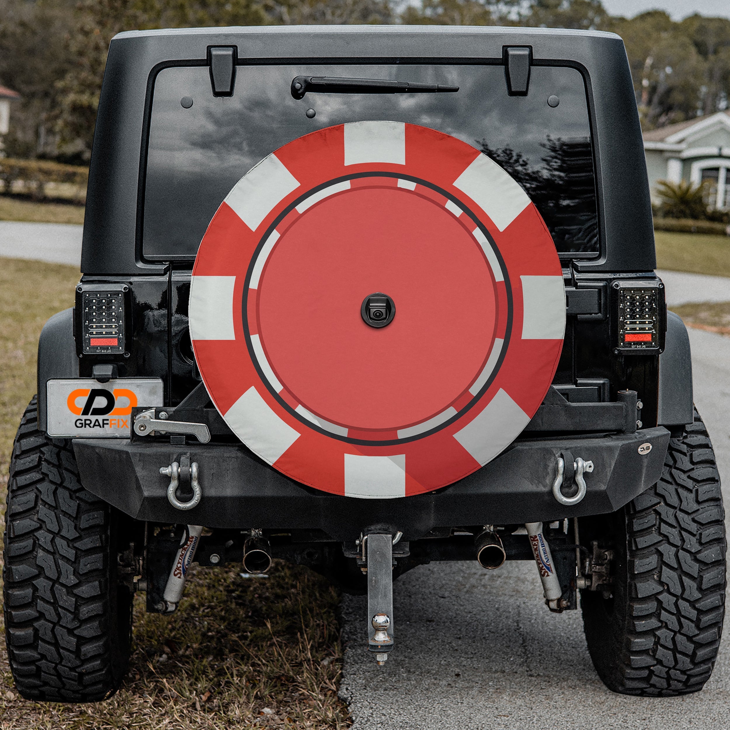 Poker chip stack spare tire cover fabric and grommet closeup detail view