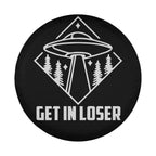 Get In Loser spare tire cover circular front view with eye catching pink slogan on dark cover background