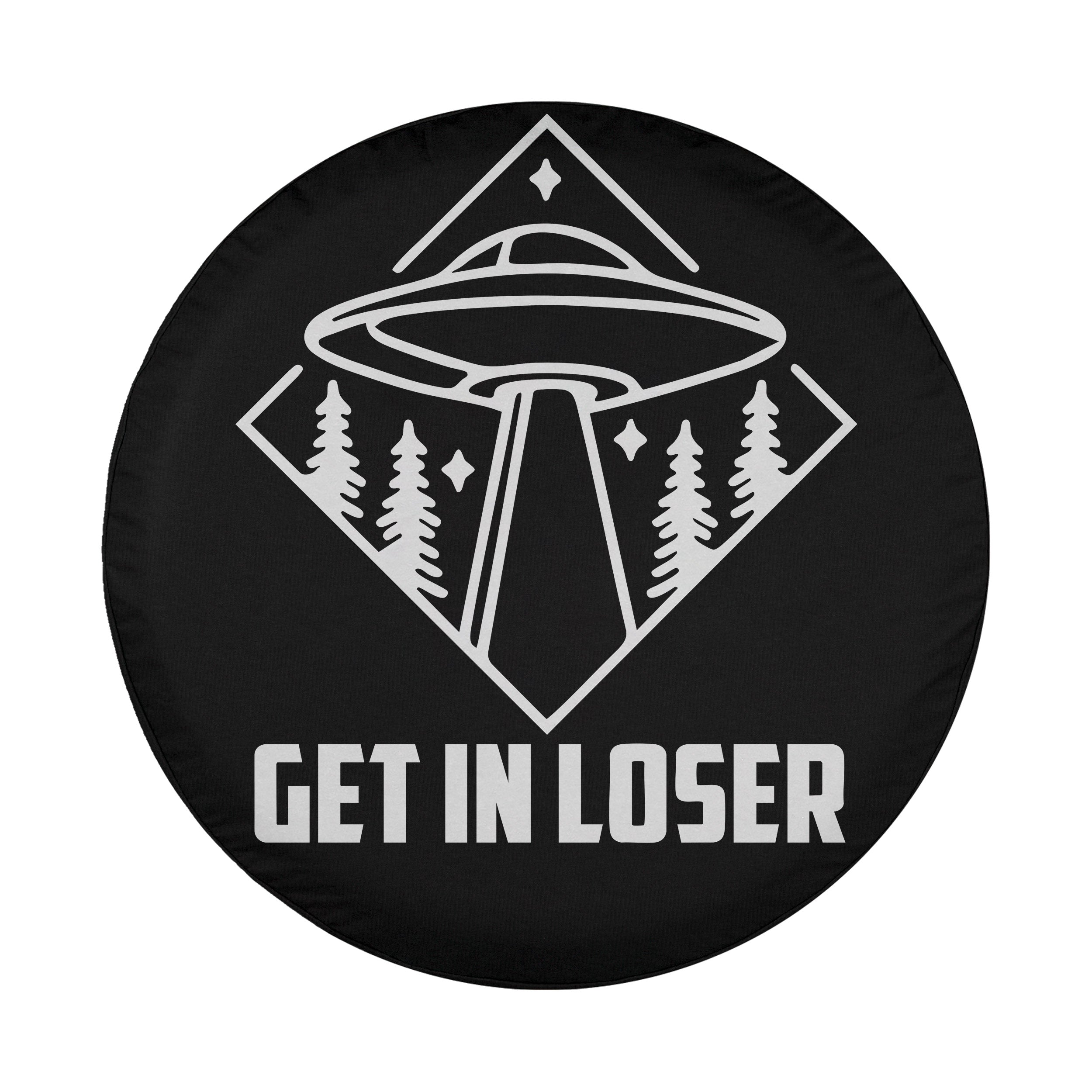 Get In Loser spare tire cover circular front view with eye catching pink slogan on dark cover background