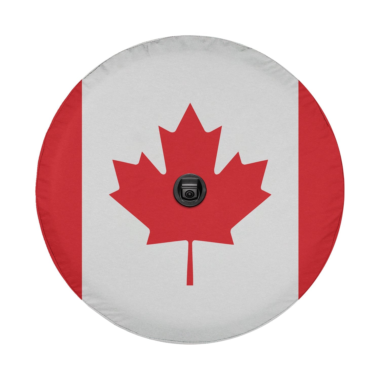 Canadian Maple Leaf flag spare tire cover on black Jeep Wrangler with Graffix plate showing red maple emblem