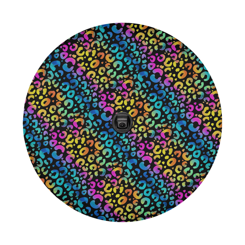 Leopard rainbow print spare tire cover flat product view in vibrant pink yellow blue colors