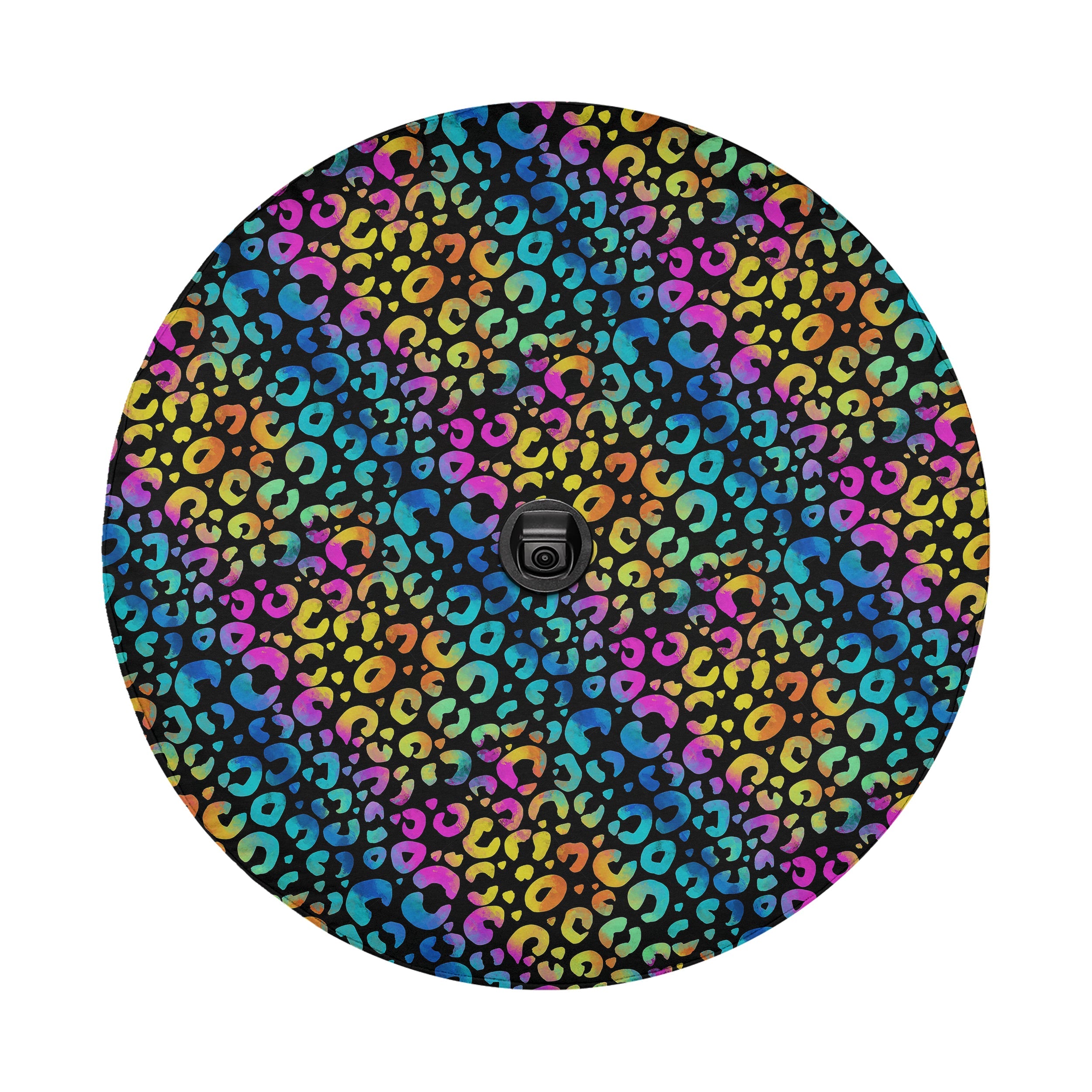 Leopard rainbow print spare tire cover flat product view in vibrant pink yellow blue colors