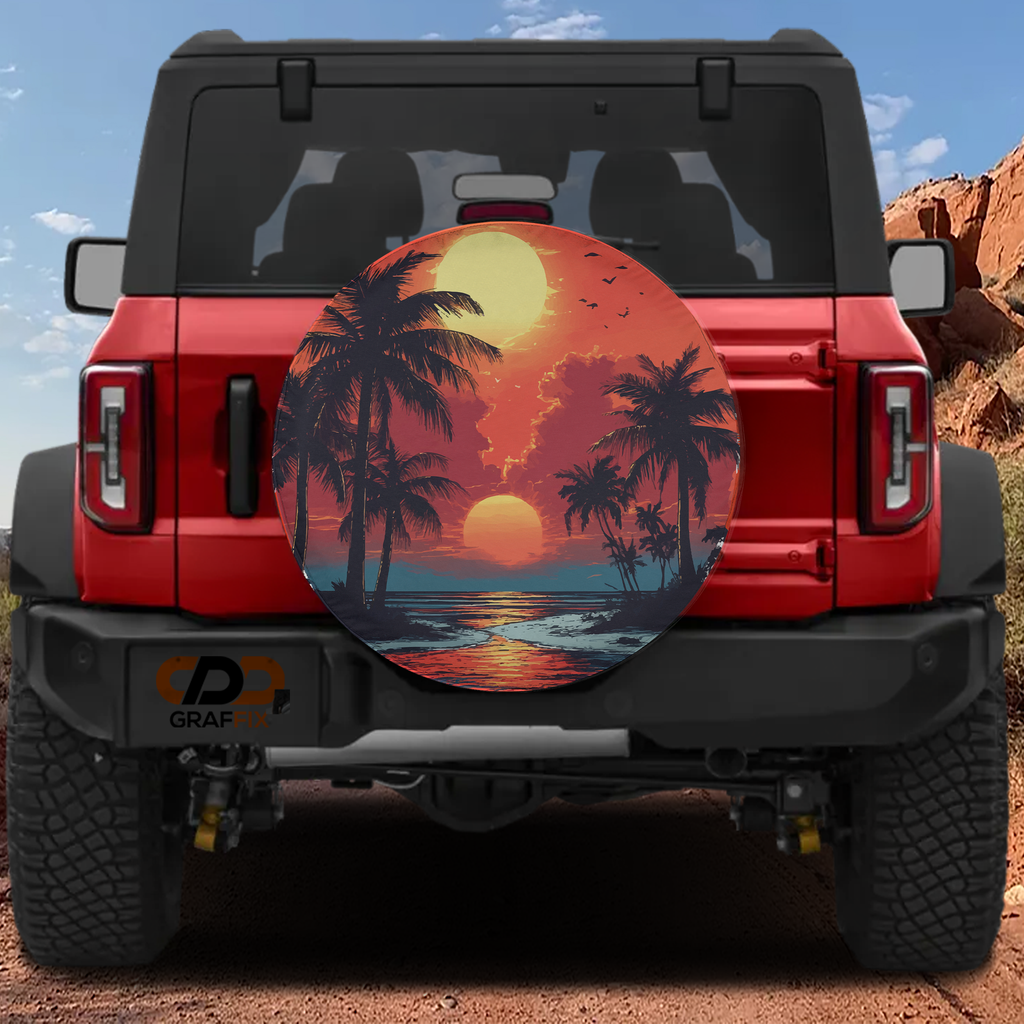Scarlet horizon palm tree sunset tire cover on red Ford Bronco showing orange beach silhouette scene