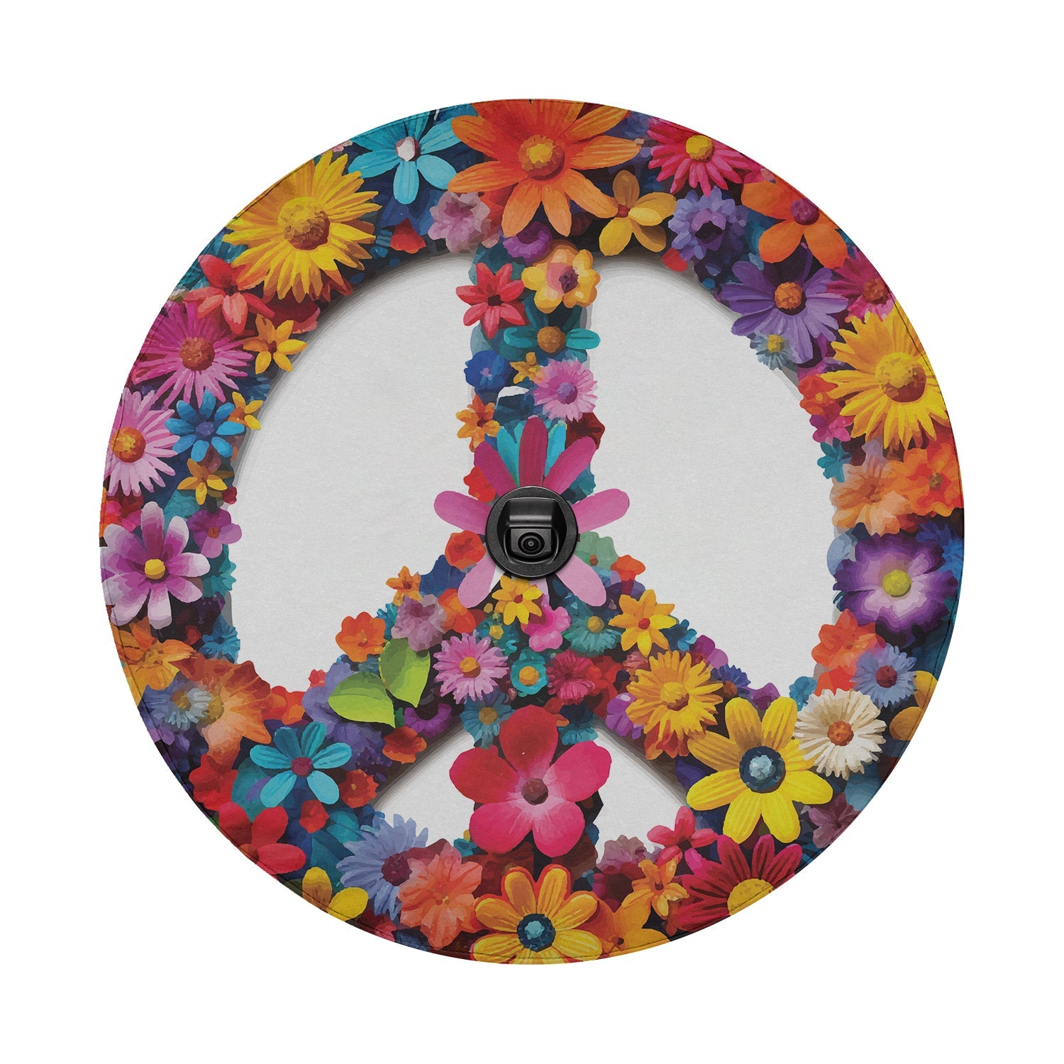 Flower power peace sign tire cover round art with central backup camera cutout and rainbow daisies