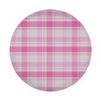 A round, white object with a pink and white plaid pattern.