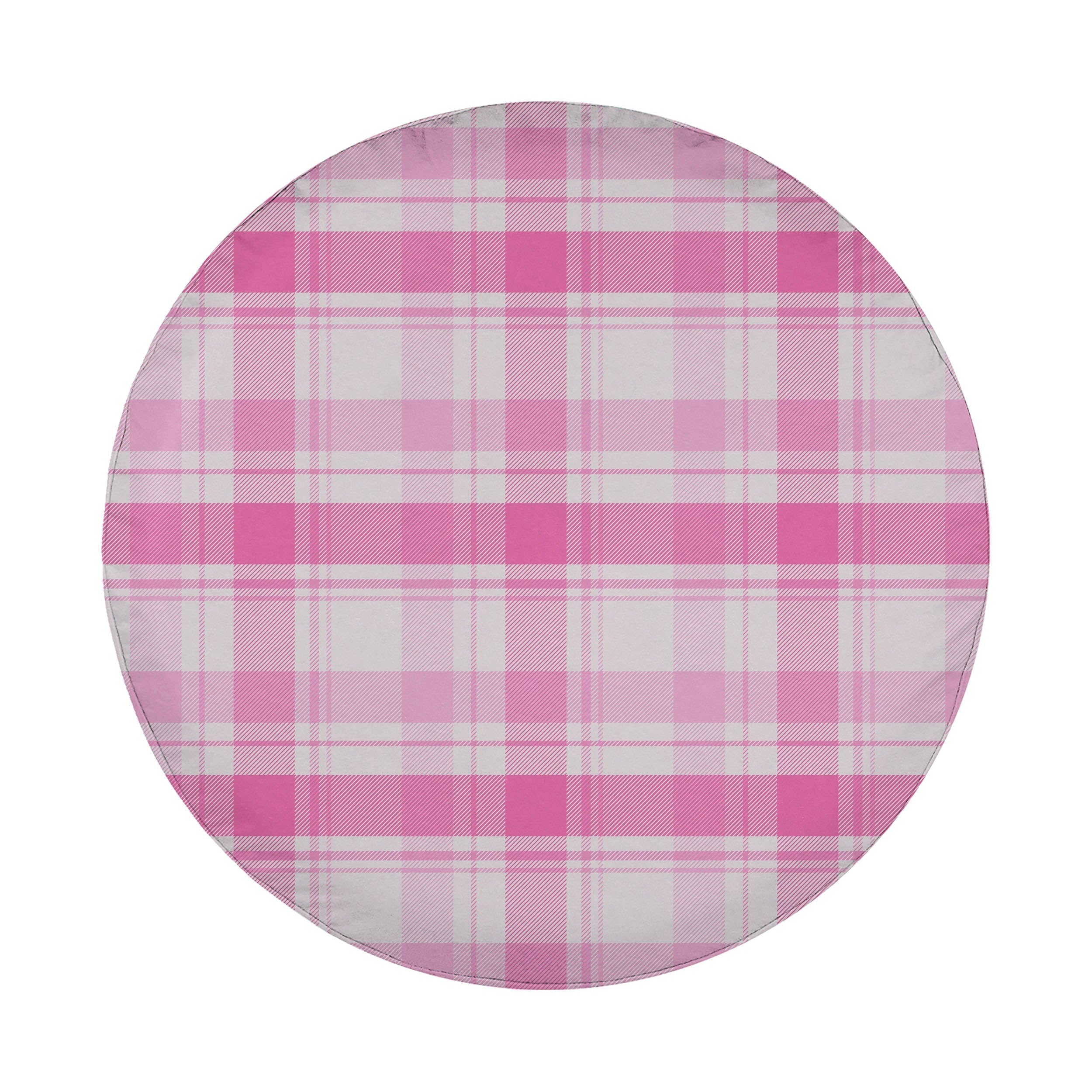 A round, white object with a pink and white plaid pattern.