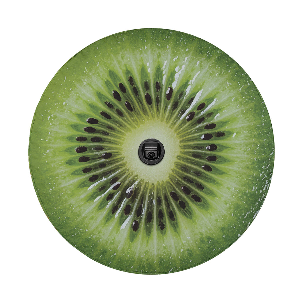 Kiwi fruit spare tire cover with green sliced kiwifruit graphic and seeded center design