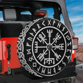Viking Vegvisir compass runes spare tire cover on red Jeep Wrangler with Nordic symbols camera hole
