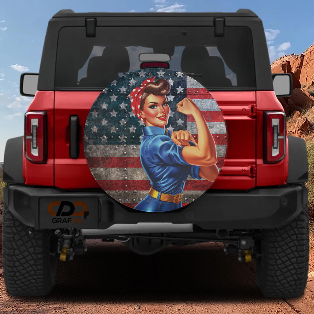 WWII Labor Woman spare tire cover with Rosie the Riveter pin-up on red Bronco CDD GRAFFIX badge