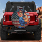 WWII Labor Woman spare tire cover with Rosie the Riveter pin-up on red Bronco CDD GRAFFIX badge
