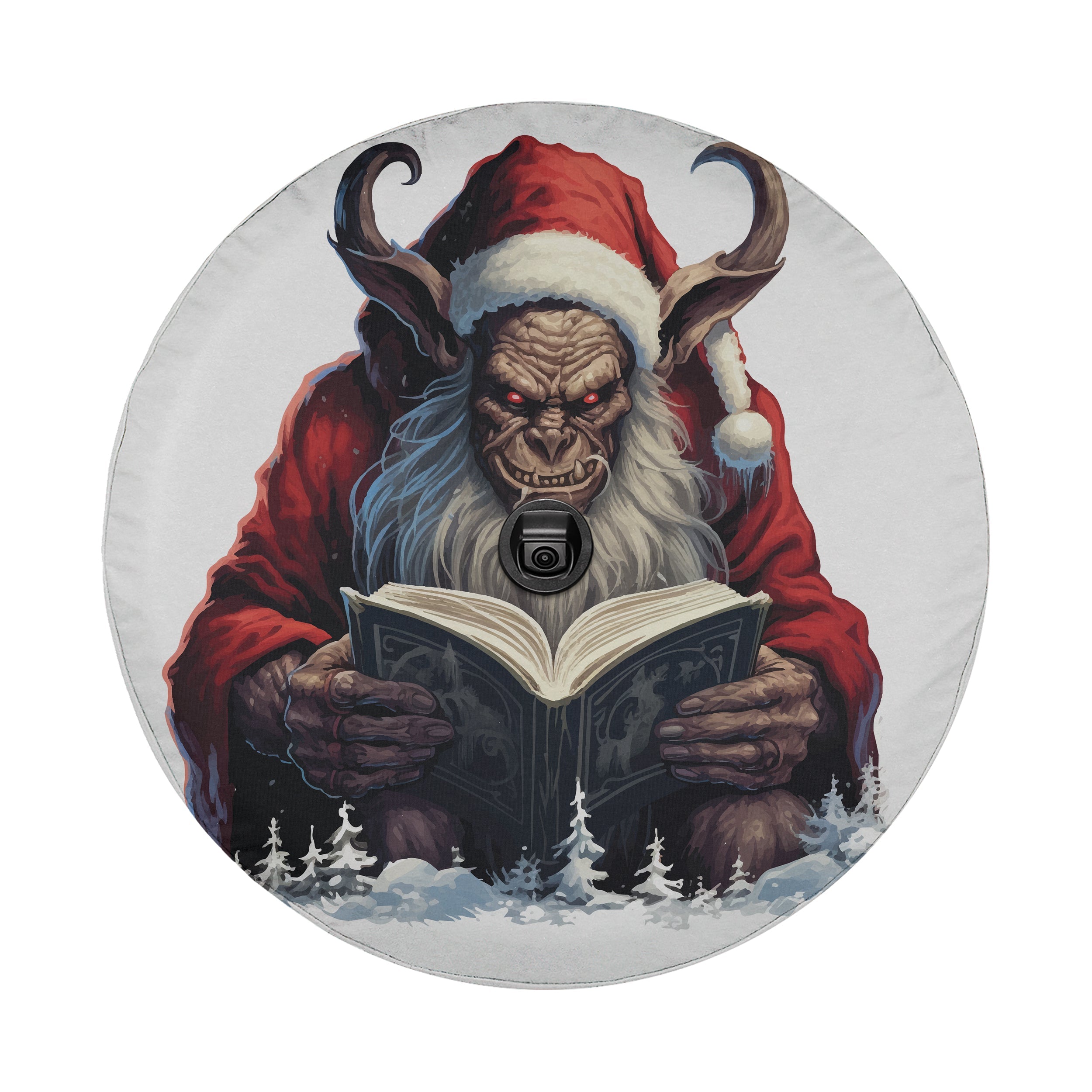 Detailed Krampus illustration on round spare tire cover with horns red coat and storybook art