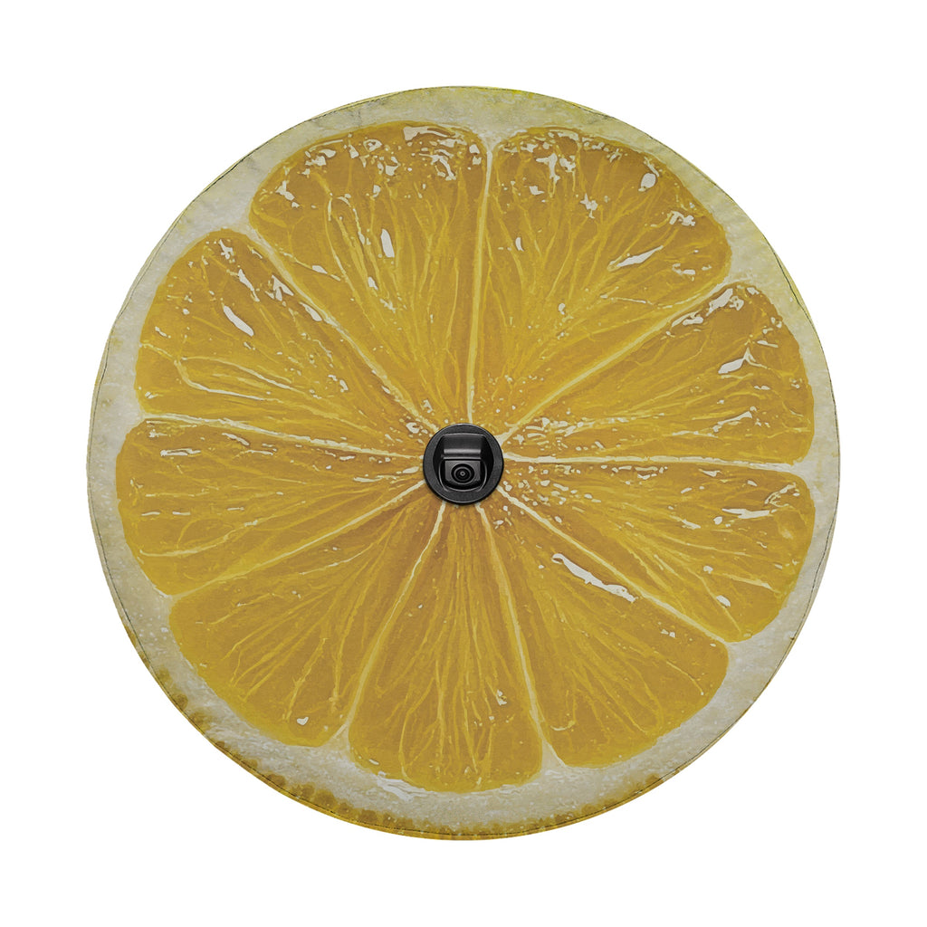 Lemon fruit spare tire cover with yellow citrus slice graphic and juicy sliced lemon design