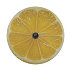 Lemon fruit spare tire cover with yellow citrus slice graphic and juicy sliced lemon design