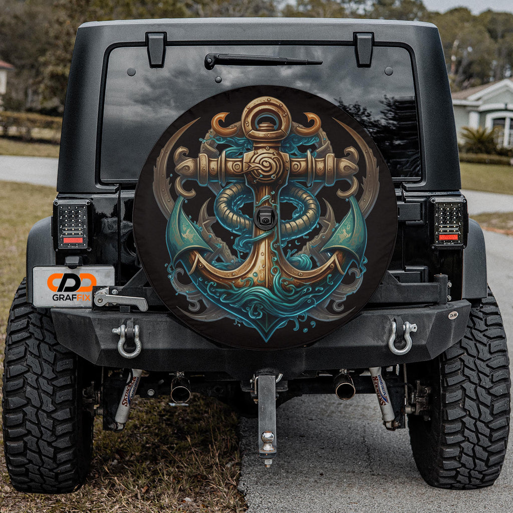 the rear of a black Jeep Wrangler with a large, detailed anchor decal on the rear window.