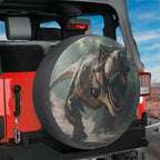 T-Rex tire cover on red Jeep Wrangler showing charging Tyrannosaurus rex with backup camera cutout