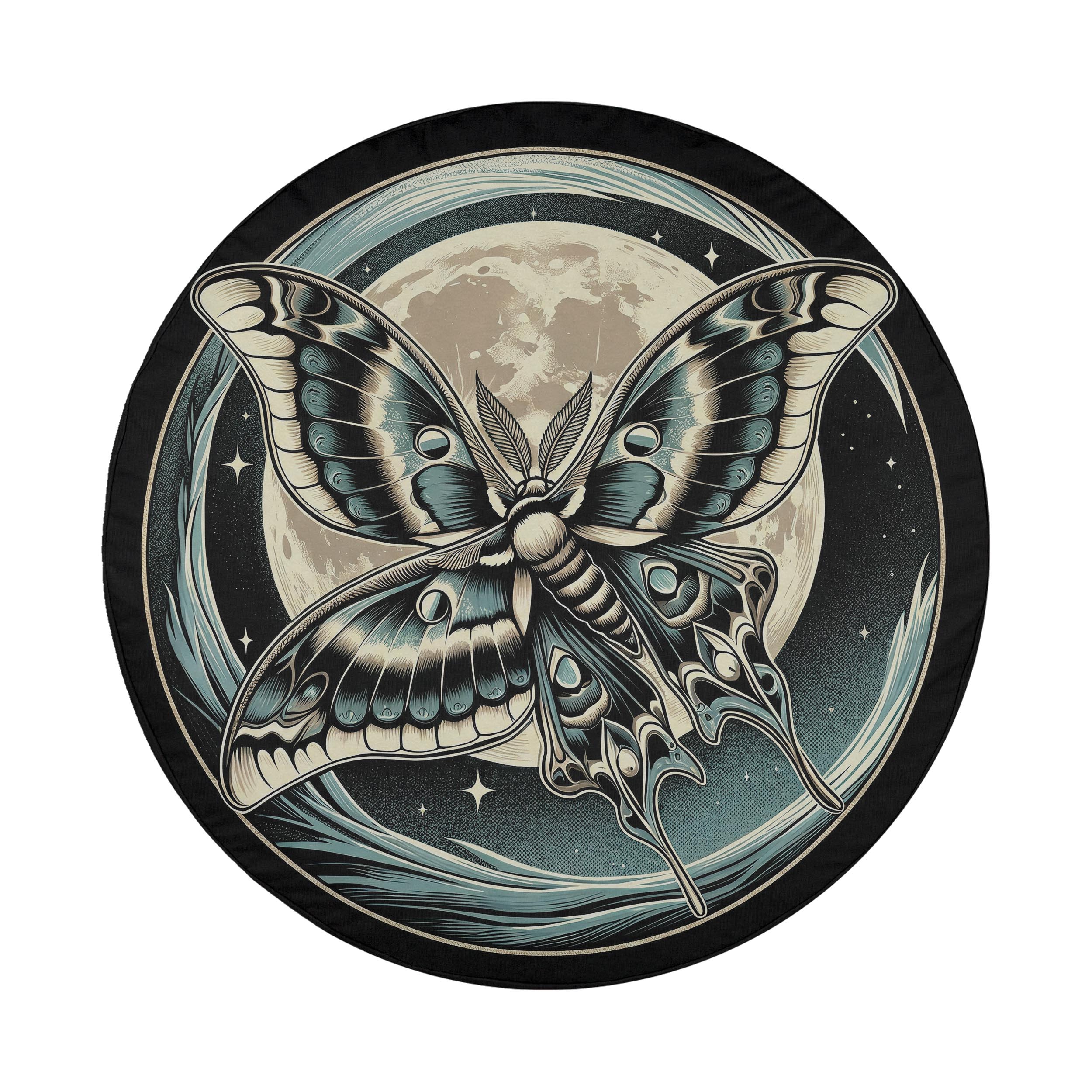 A detailed illustration of a butterfly with intricate patterns and designs, set against a night sky with a full moon and stars.