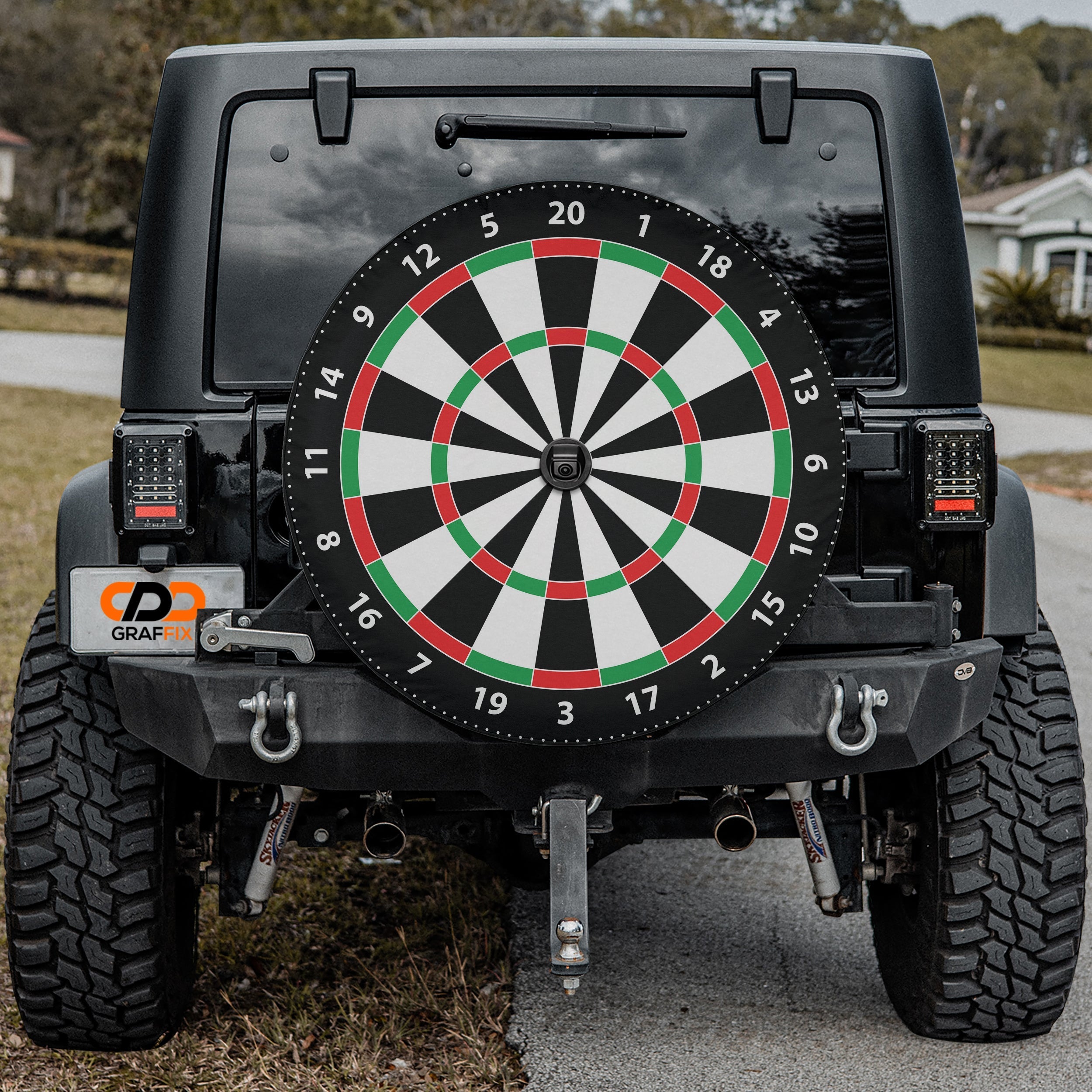 Stitched fabric edge closeup of Classic Dartboard spare tire cover with grommet and drawstring
