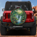 Tropical Paradise Escape tire cover on a red Ford Bronco showing lush waterfall jungle scene with toucans