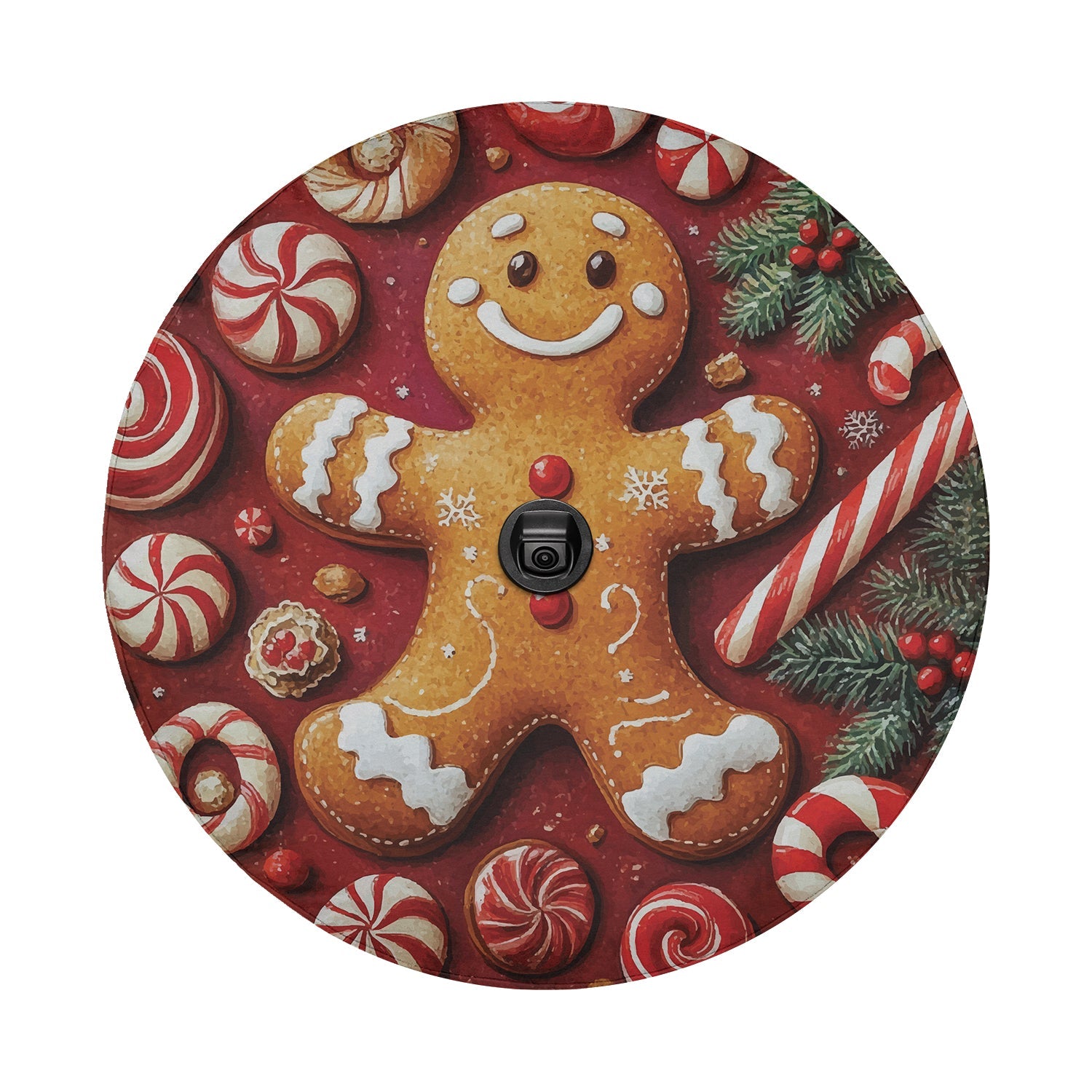 Round gingerbread cookie man holiday tire cover art with backup camera hole and candy cane border