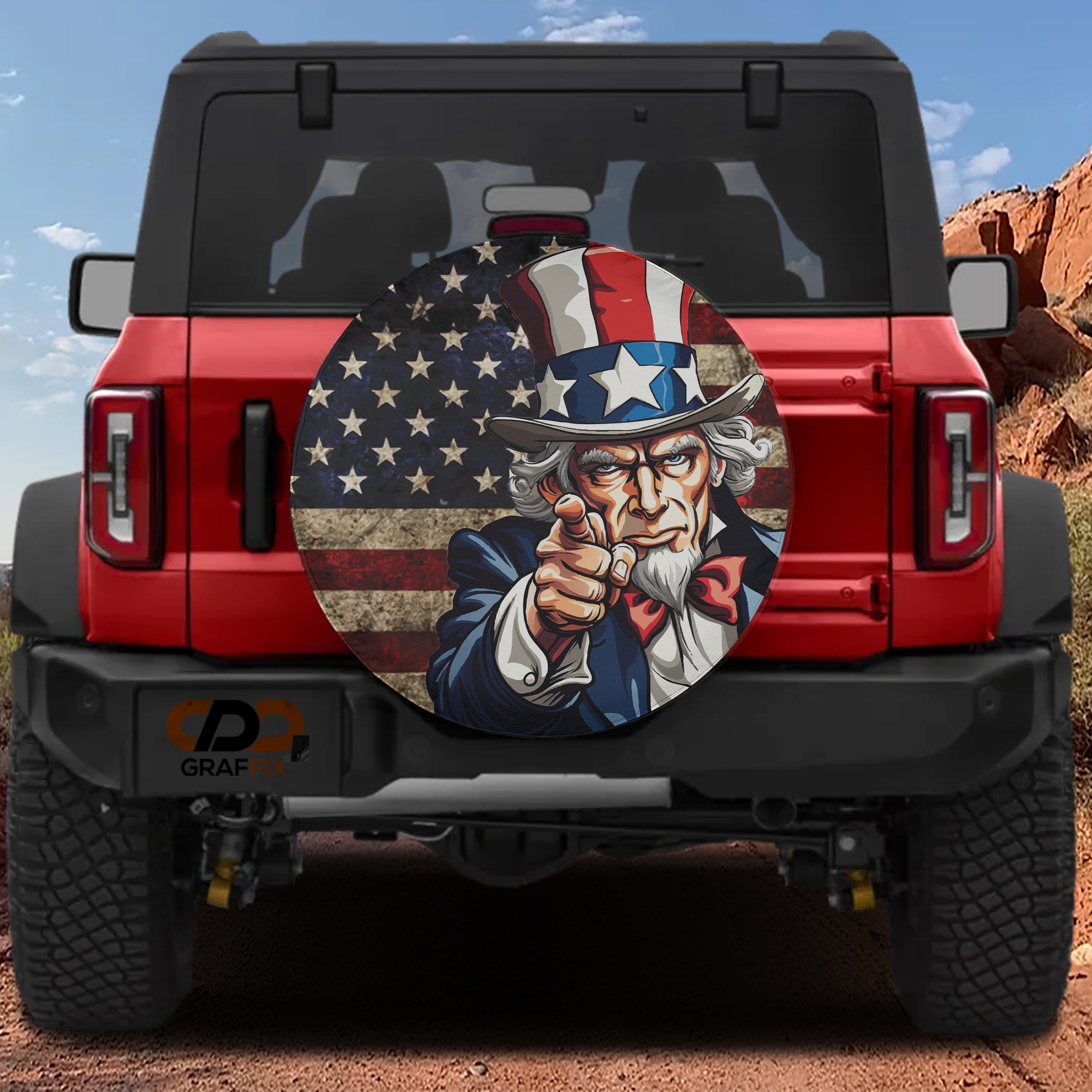 Uncle Sam's Call spare tire cover alternate mounted view with classic American patriotic Uncle Sam imagery