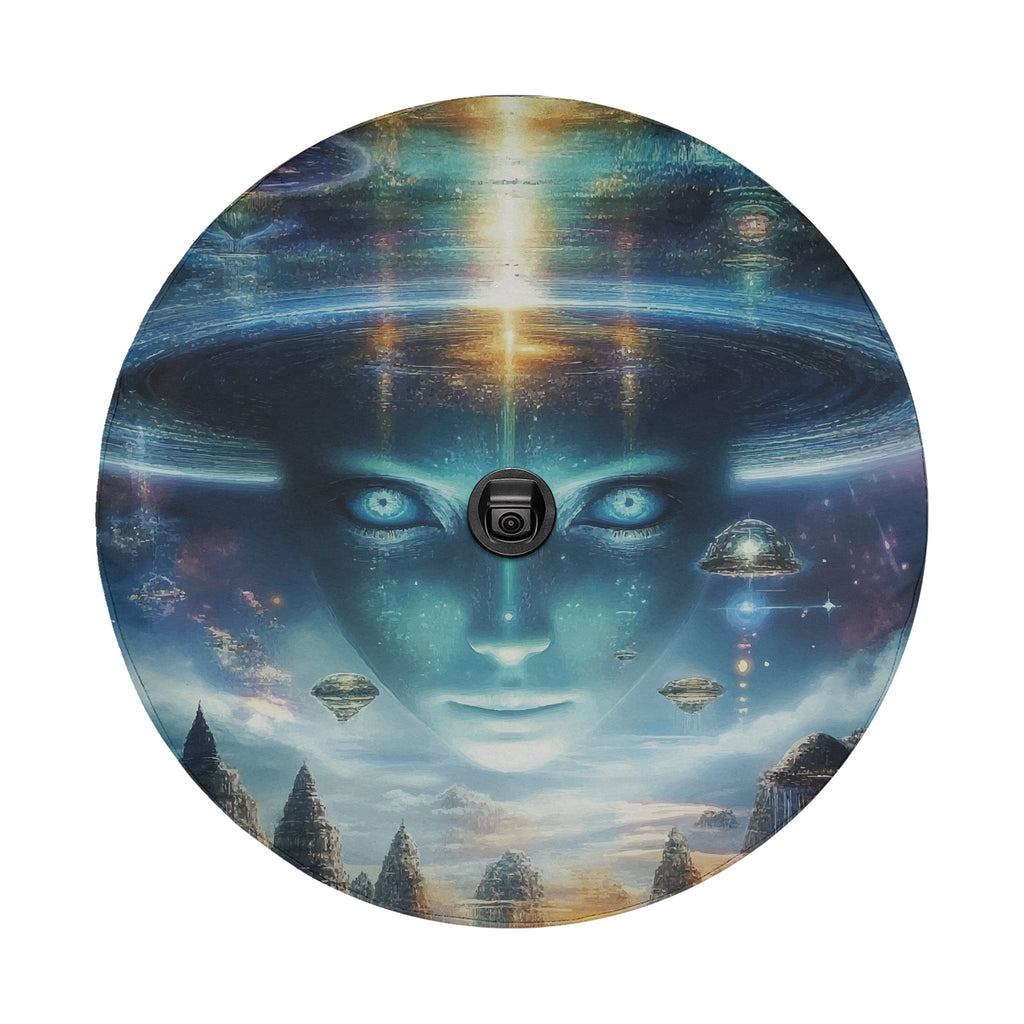 Round Alien Enlightenment spare tire cover featuring cosmic blue alien face floating temples and starfield art