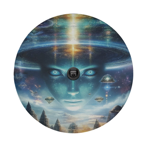 Round Alien Enlightenment spare tire cover featuring cosmic blue alien face floating temples and starfield art