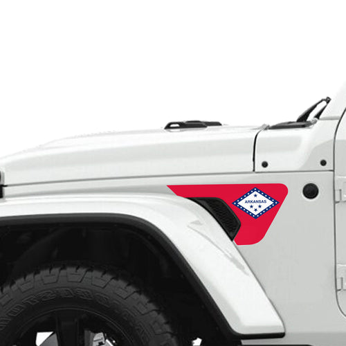 Arkansas state flag fender vent decal shown on Jeep Wrangler JL JT 2018 plus with color swatches