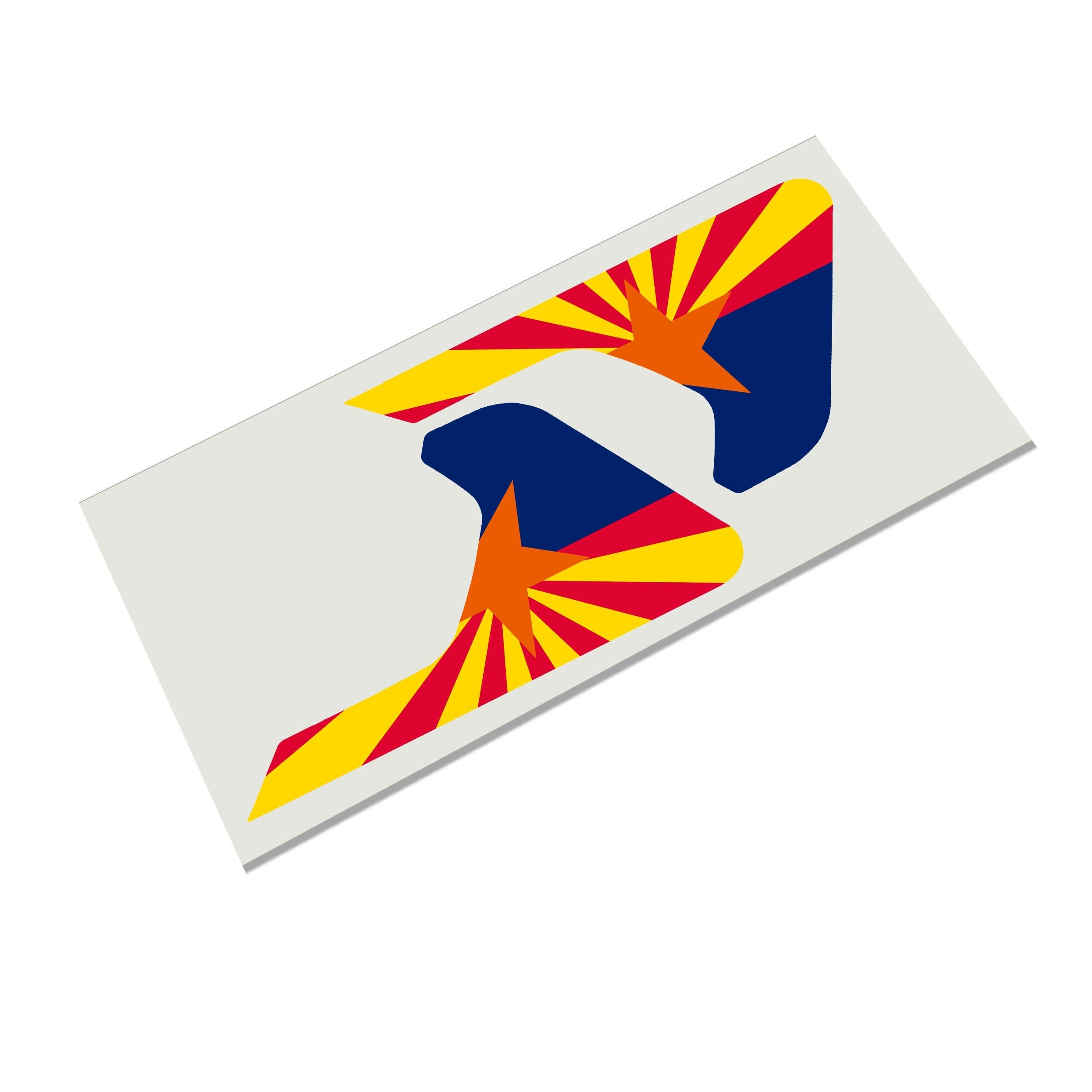 Arizona state flag with sunburst die-cut decal infographic showing waterproof outdoor durability