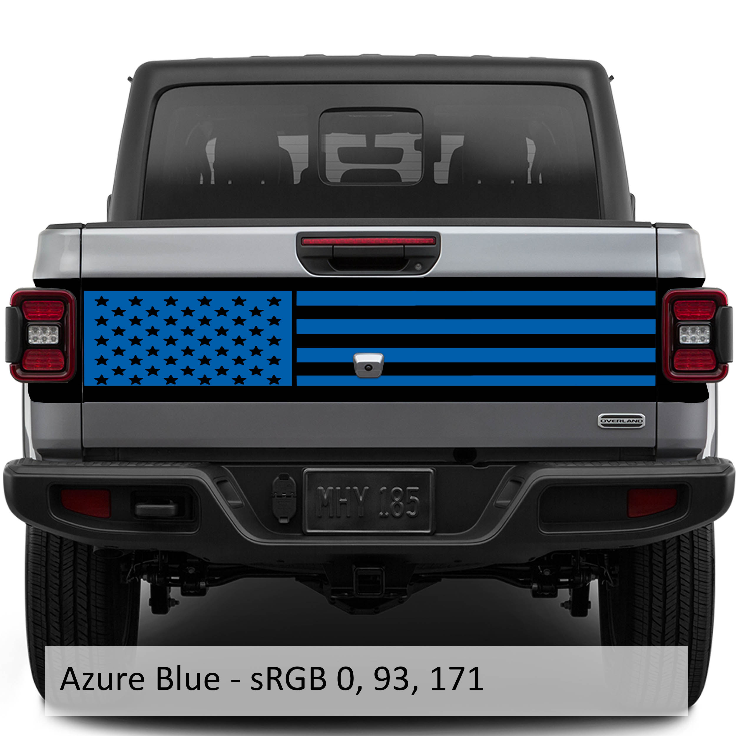 Azure blue JT American flag tailgate blackout vinyl decal installed on Jeep Gladiator tailgate