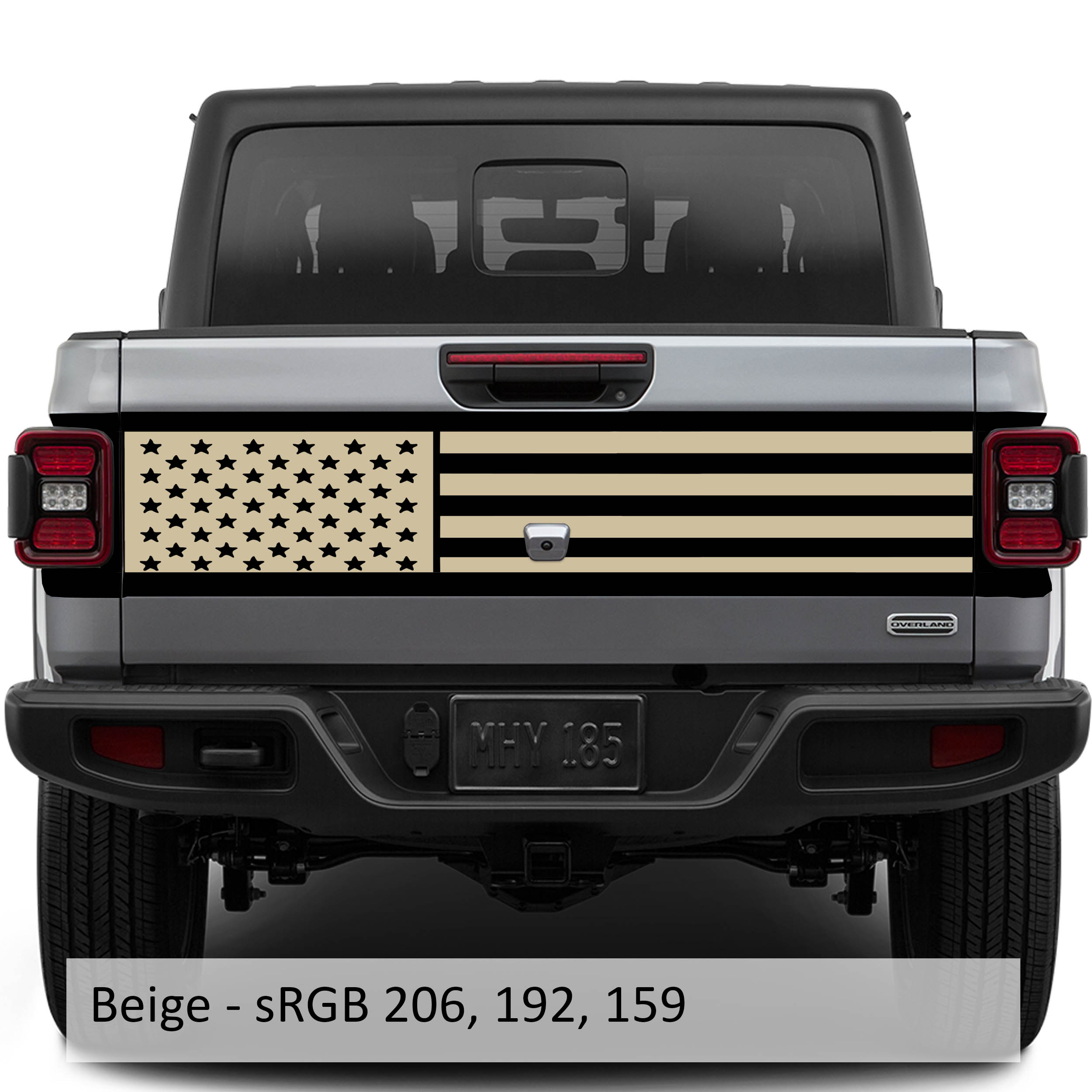 Beige JT American flag tailgate blackout vinyl decal installed on Jeep Gladiator tailgate panel