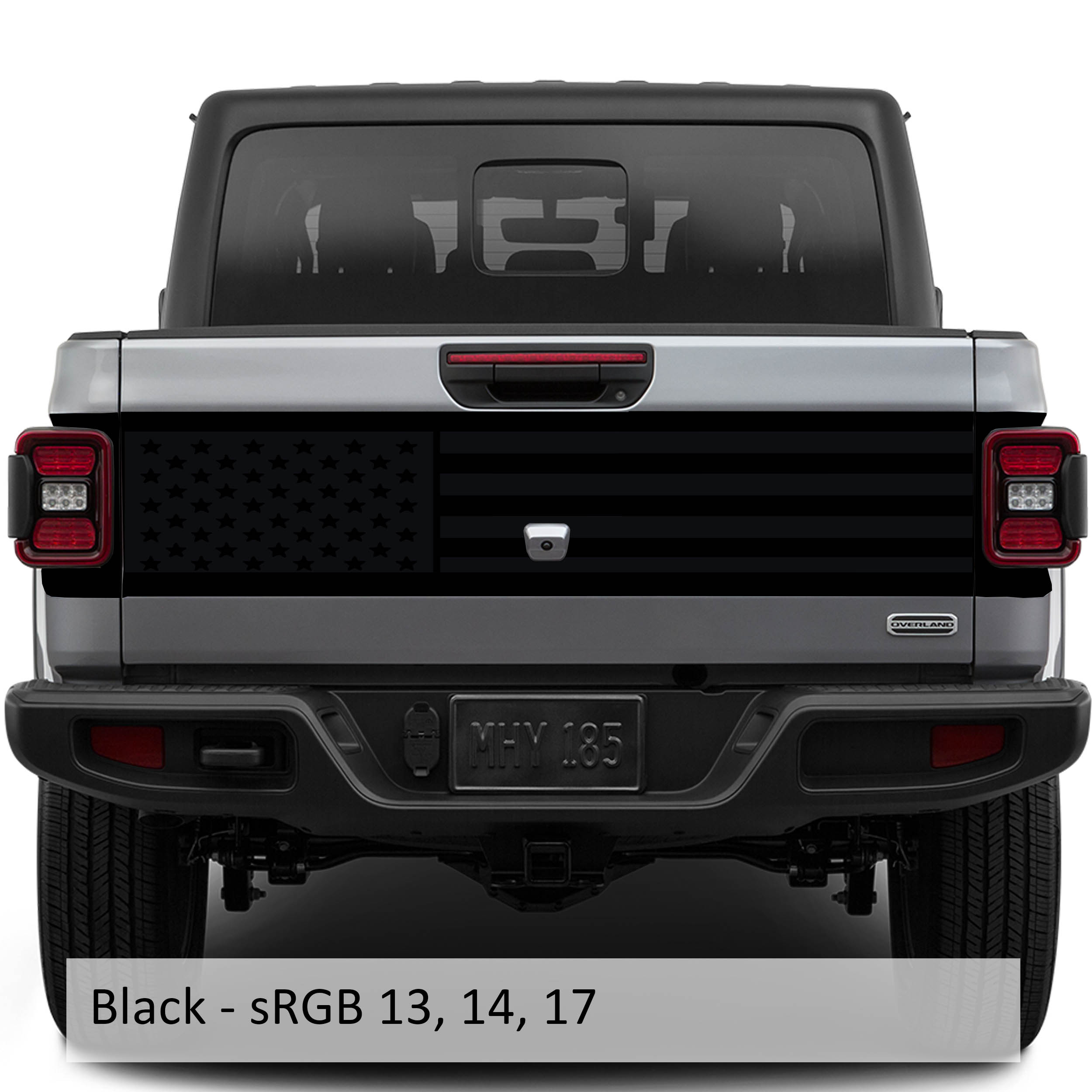 Black JT American flag tailgate blackout vinyl decal installed on Jeep Gladiator tailgate panel