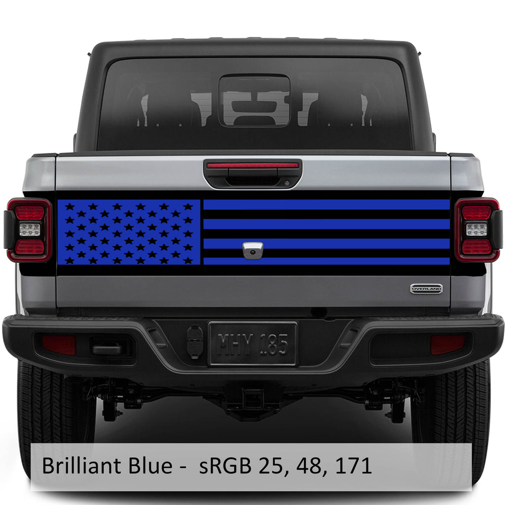 Brilliant blue JT American flag tailgate blackout vinyl decal installed on Jeep Gladiator tailgate