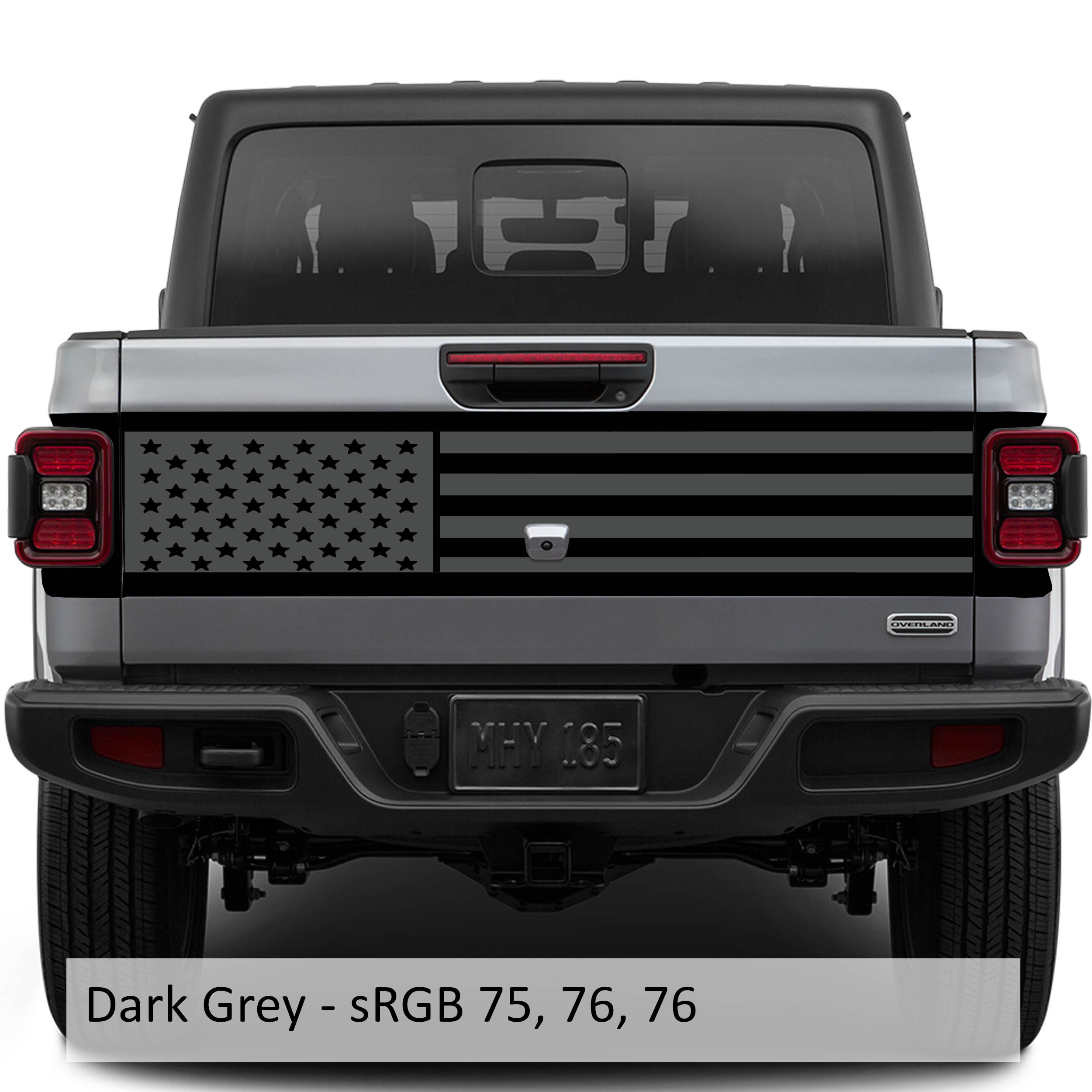 Dark gray JT American flag tailgate blackout vinyl decal installed on Jeep Gladiator tailgate panel