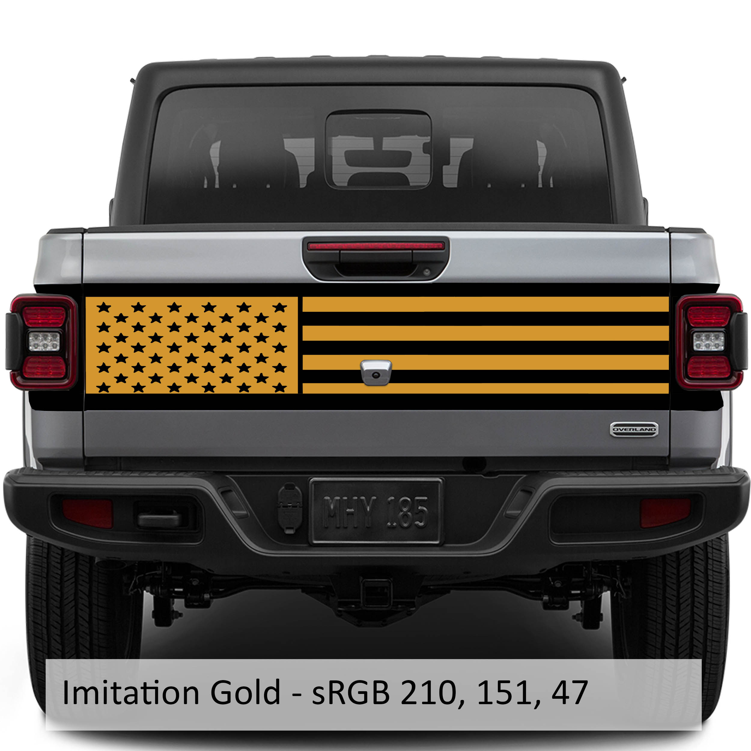 Imperial gold JT American flag tailgate blackout vinyl decal installed on Jeep Gladiator tailgate