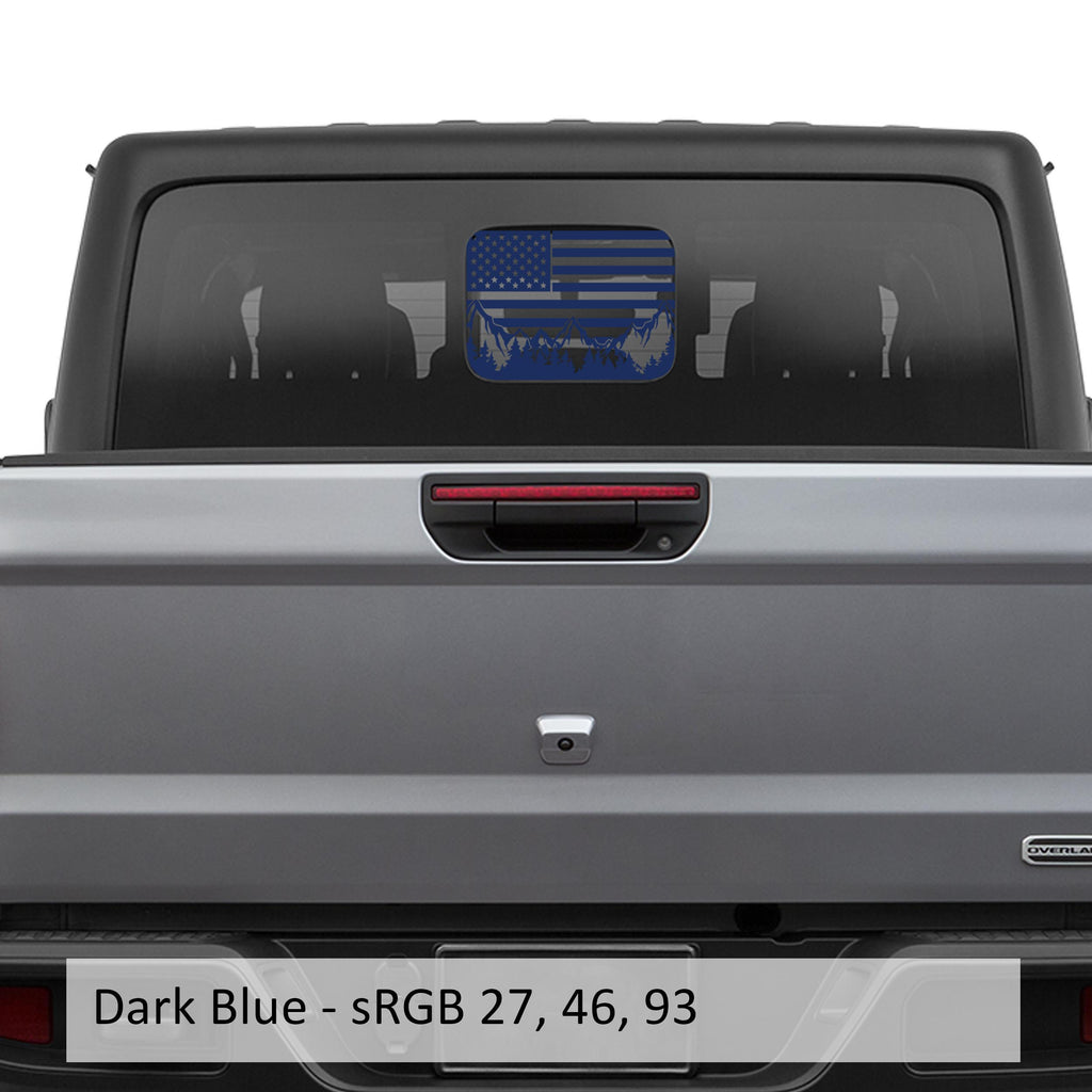 Dark blue American Flag Mountain Range rear sliding window decal for Gladiator JT