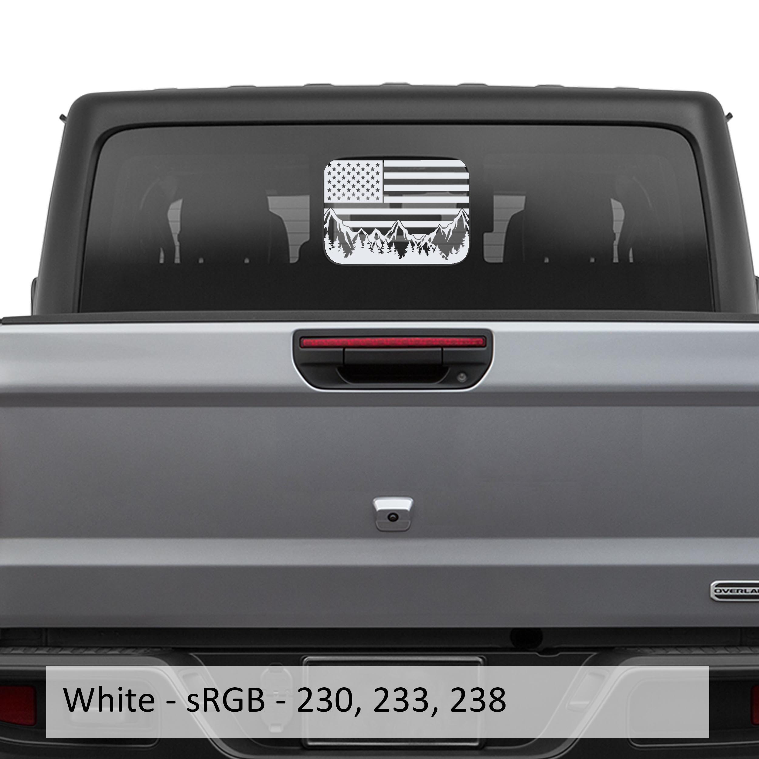 White American Flag Mountain Range rear slide window decal on Gladiator JT tailgate