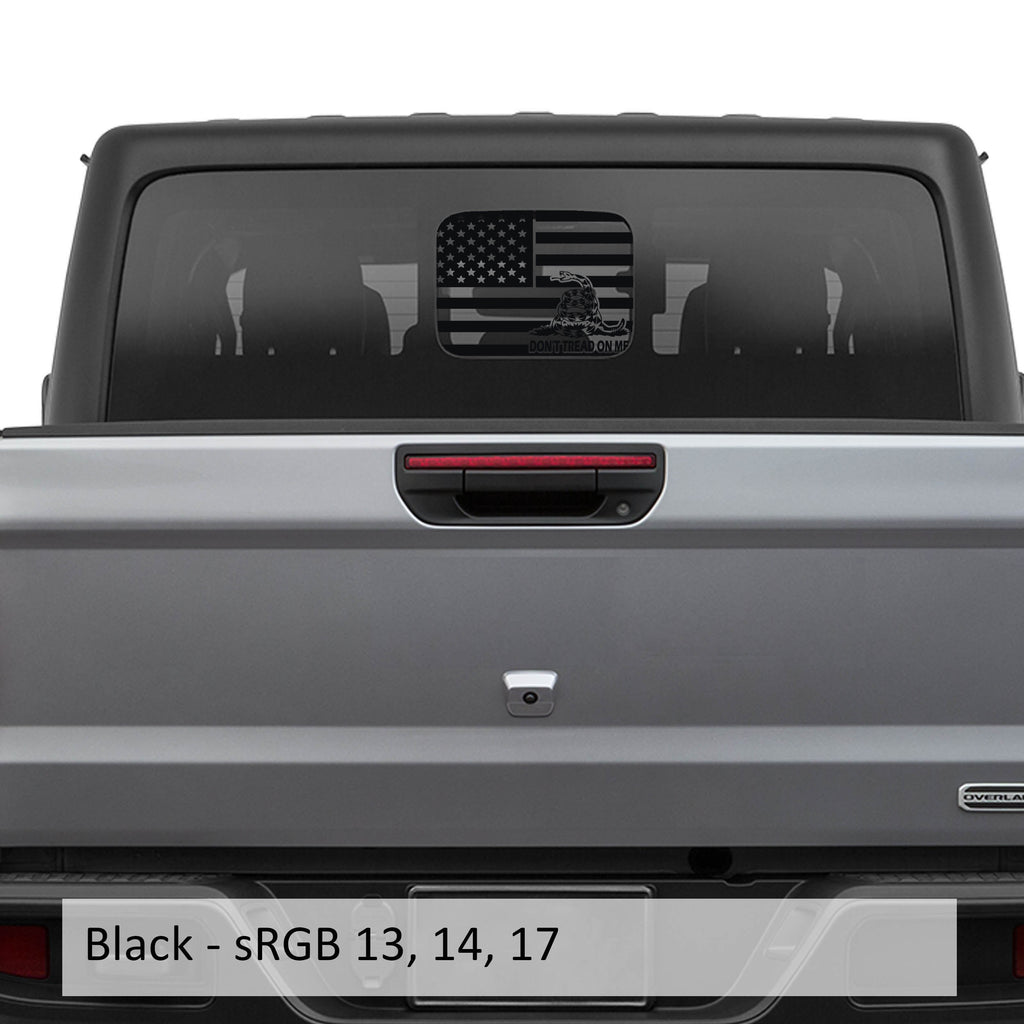 Black American Gadsden flag JT rear slide window vinyl decal on Jeep Gladiator hard top glass