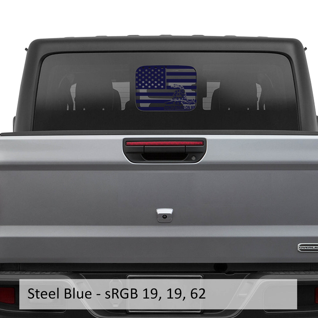 Steel blue American Gadsden flag JT rear slide window vinyl decal on Jeep Gladiator hard top glass