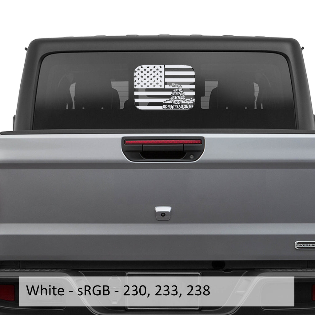 White American Gadsden flag JT rear slide window vinyl decal on Jeep Gladiator hard top glass