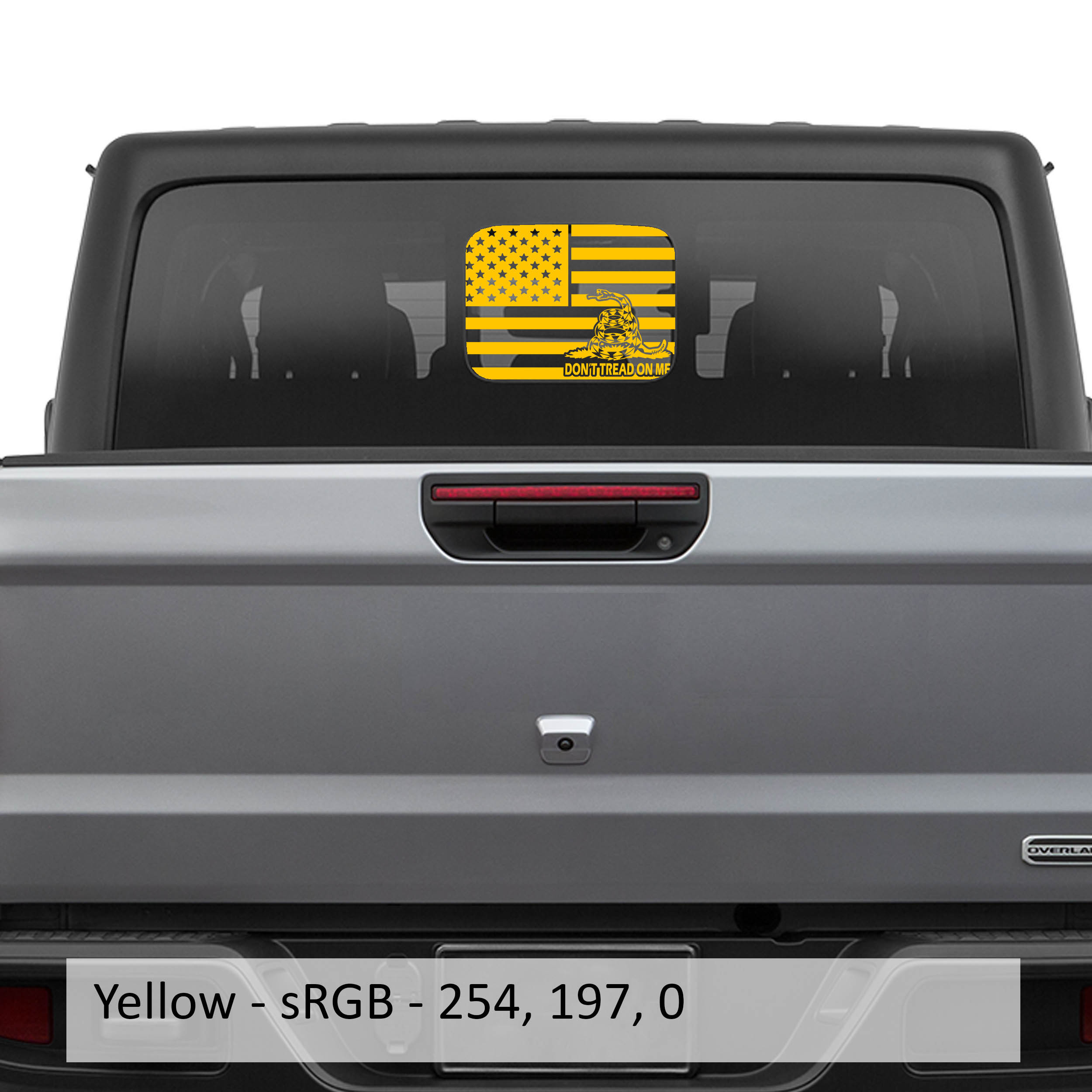 Yellow American Gadsden flag JT rear slide window vinyl decal on Jeep Gladiator hard top glass