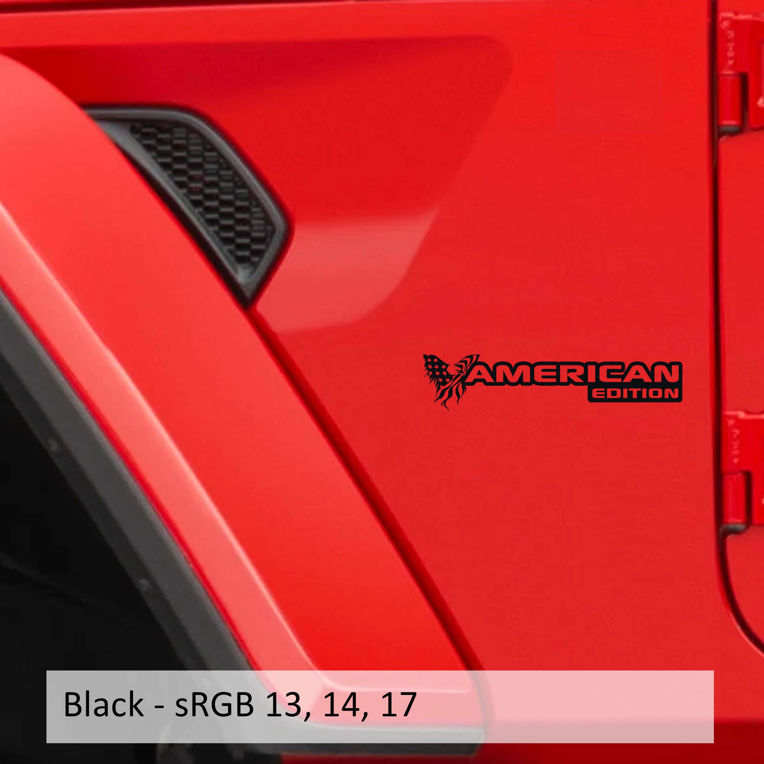 Black American Edition fender decal pair installed on Jeep Wrangler JK JL Gladiator fender