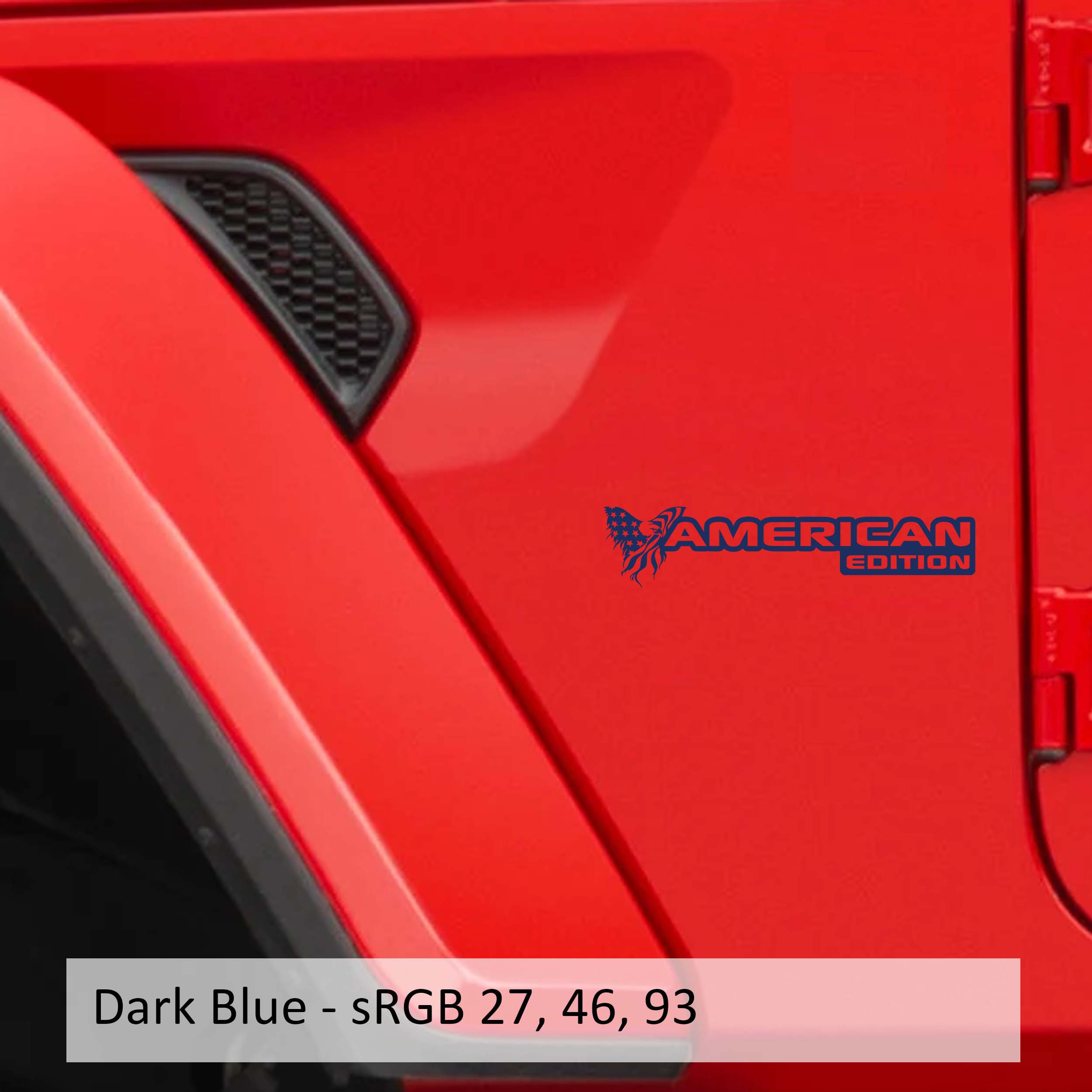 Dark blue American Edition fender decal pair installed on Jeep Wrangler JK JL Gladiator fender