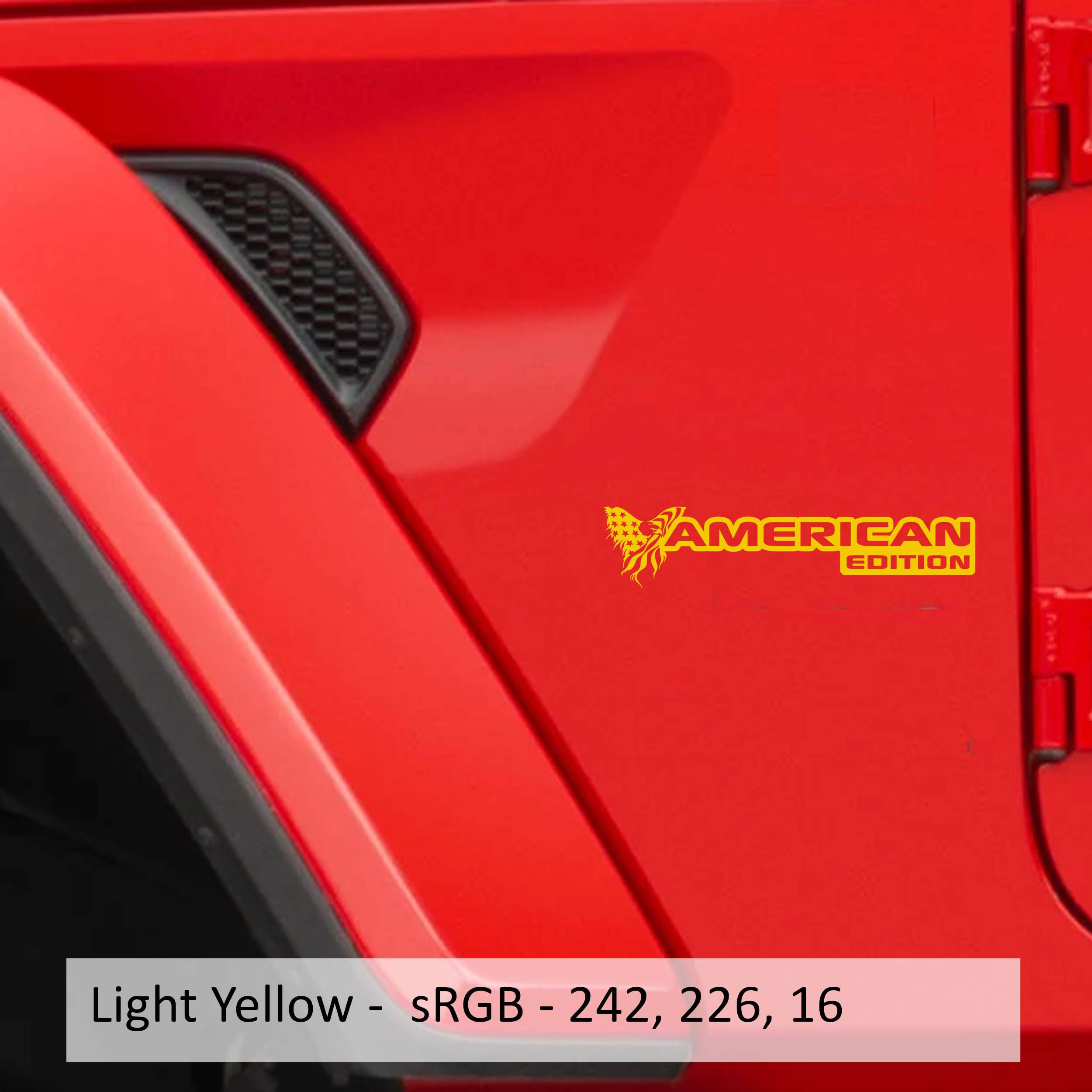 Light yellow American Edition fender decal pair installed on Jeep Wrangler JK JL Gladiator fender