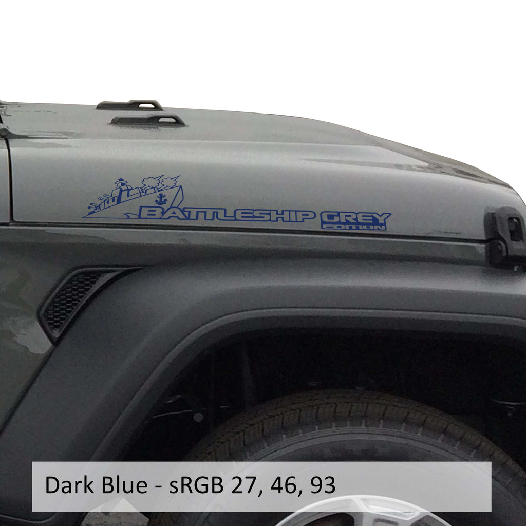 Dark blue Battleship Grey Edition side hood vinyl decal pair with warship illustration laid flat