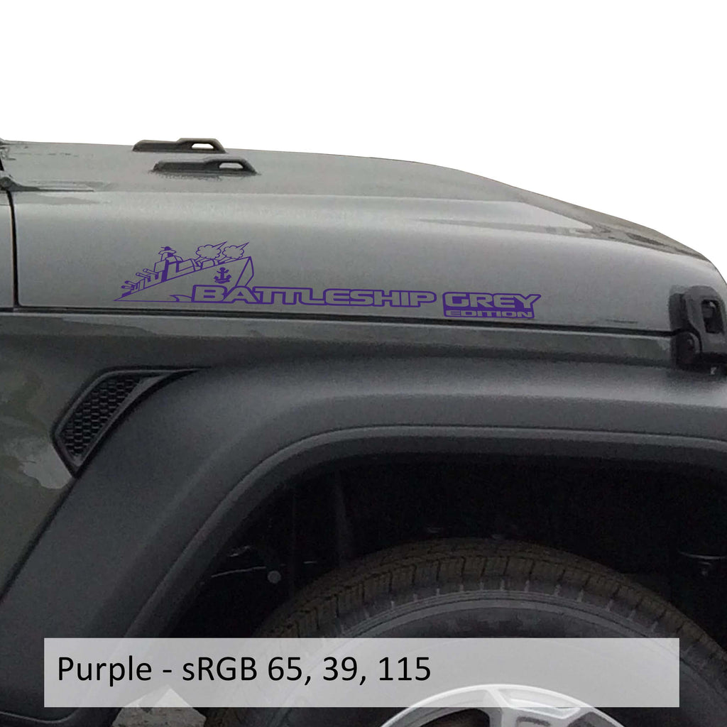 Purple Battleship Grey Edition side hood vinyl decal pair with warship illustration laid flat
