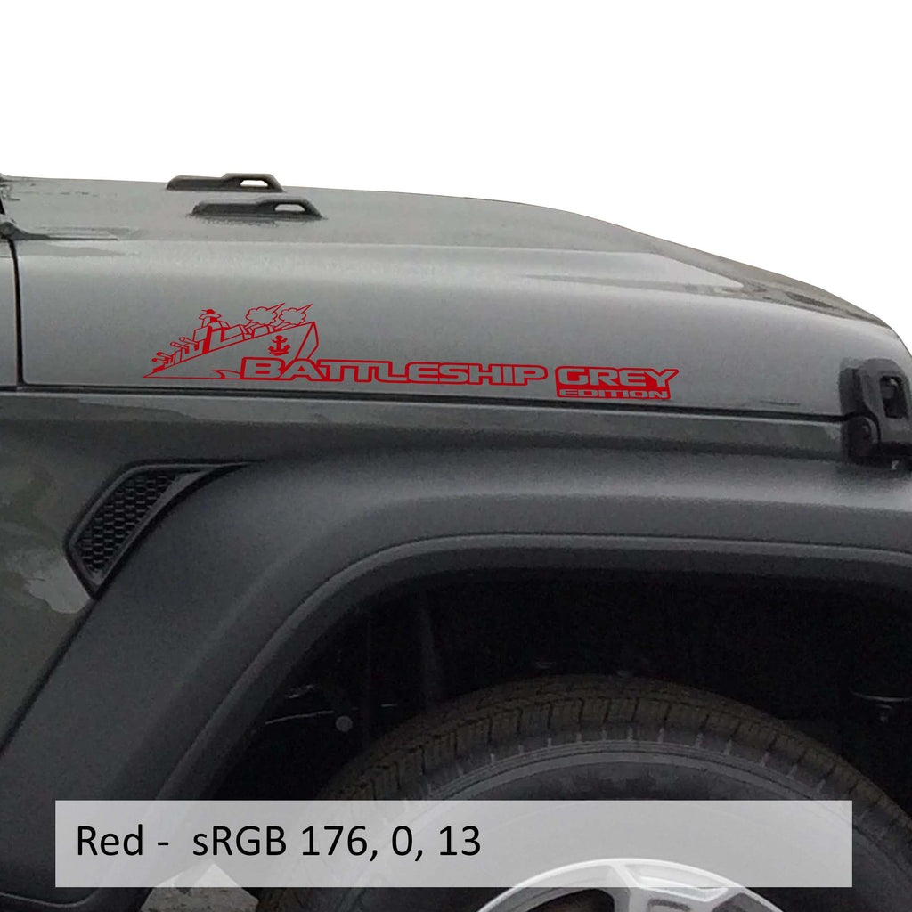 Red Battleship Grey Edition side hood vinyl decal pair with warship illustration laid flat showing